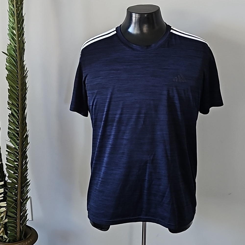 *PRICE DROP*
adidas Heather Dark Blue Short Sleeve Tee with White Stripes